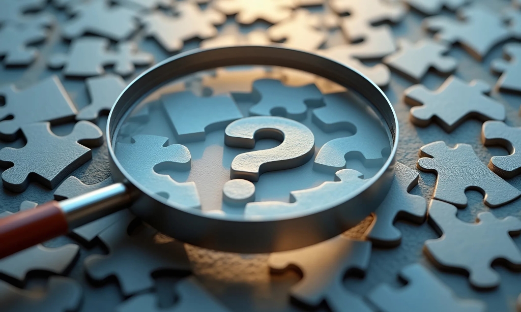 Question mark beneath a magnifying glass