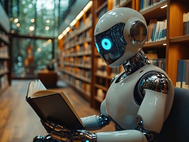 Image of a robot reading a book